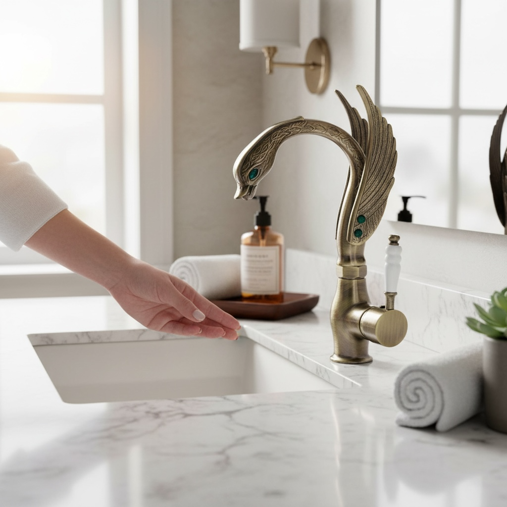 Antik Gold Lavabo Bataryası El Yapımı Özel Tasarım Motifli Lavabo Armatürü Pirinç Materyal