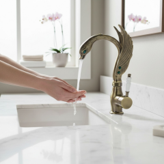 Antik Gold Lavabo Bataryası El Yapımı Özel Tasarım Motifli Lavabo Armatürü Pirinç Materyal