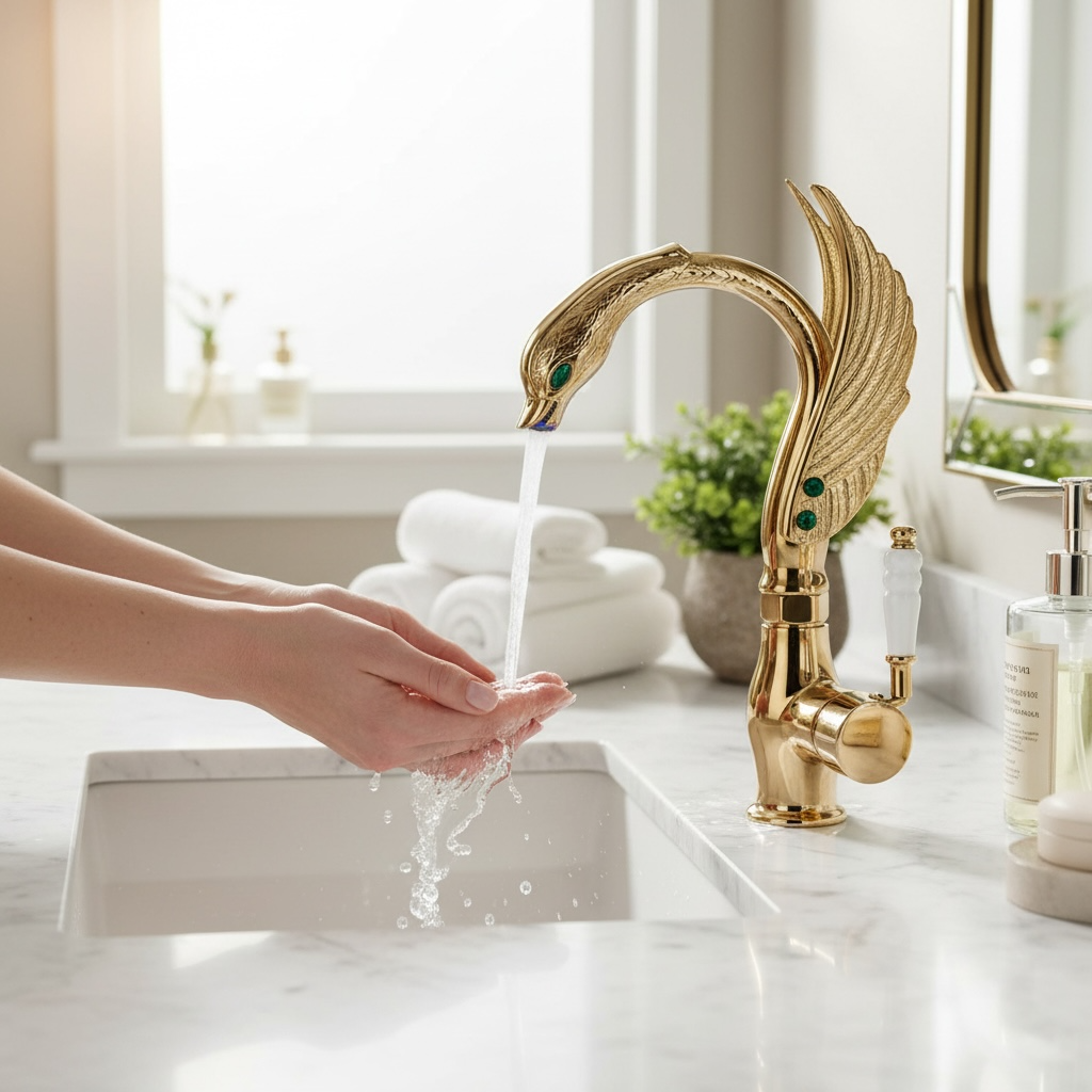 Gold Lavabo Bataryası Özel Tasarım El Yapımı Motifli Lavabo Armatür Pirinç Materyal