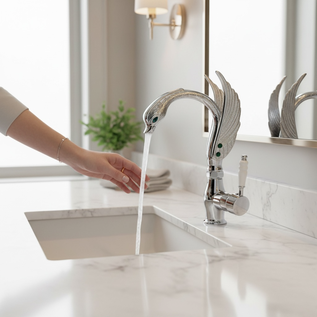 Gümüş Lavabo Bataryası Özel Tasarım El Yapımı Motifli Lavabo Armatür Pirinç Materyal Krom Renk