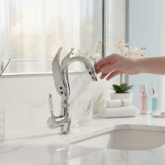 Gümüş Lavabo Bataryası Özel Tasarım El Yapımı Motifli Lavabo Armatür Pirinç Materyal Krom Renk