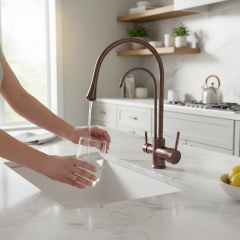 Mat Bakır Arıtmalı Mutfak Bataryası Bakır Eskitme Renk Arıtıcılı Evye Armatür Pirinç Malzeme