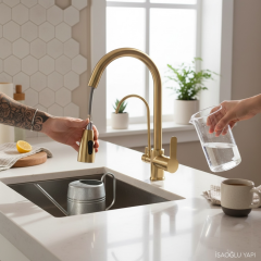 Spiralli Arıtmalı Mutfak Bataryası Mat Altın Fırçalanmış Tazzik Özellikli Arıtıcılı Uzayan Armatür
