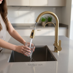 Spiralli Arıtmalı Mutfak Bataryası Mat Altın Fırçalanmış Tazzik Özellikli Arıtıcılı Uzayan Armatür