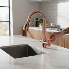 Bronz Arıtmalı Spiralli Mutfak Bataryası Bakır Uzayan Sistem Arıtıcılı Armatür Rose Bakır