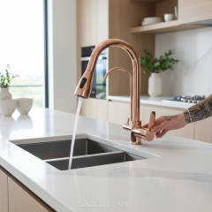 Bronz Arıtmalı Spiralli Mutfak Bataryası Bakır Uzayan Sistem Arıtıcılı Armatür Rose Bakır