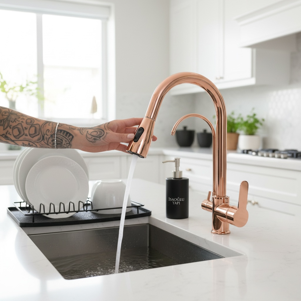 Bronz Arıtmalı Spiralli Mutfak Bataryası Bakır Uzayan Sistem Arıtıcılı Armatür Rose Bakır
