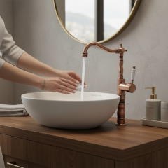 Mat Bronz Çanak Lavabo Bataryası Yüksek Model Çanak Uyumlu Armatür Rustik Tasarım Mat Bakır