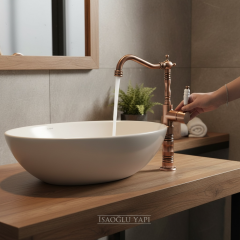 Mat Bronz Çanak Lavabo Bataryası Yüksek Model Çanak Uyumlu Armatür Rustik Tasarım Mat Bakır