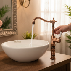 Mat Bronz Çanak Lavabo Bataryası Yüksek Model Çanak Uyumlu Armatür Rustik Tasarım Mat Bakır
