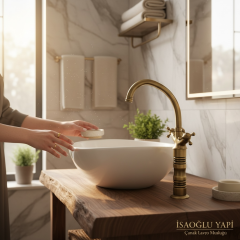 Antik Gold Çanak Bataryası Lavabo Armatürü Pirinç Malzeme Yüksek Model Klasik Tasarım Eskitme Musluk