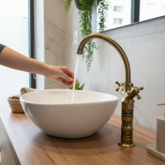 Antik Gold Çanak Bataryası Lavabo Armatürü Pirinç Malzeme Yüksek Model Klasik Tasarım Eskitme Musluk