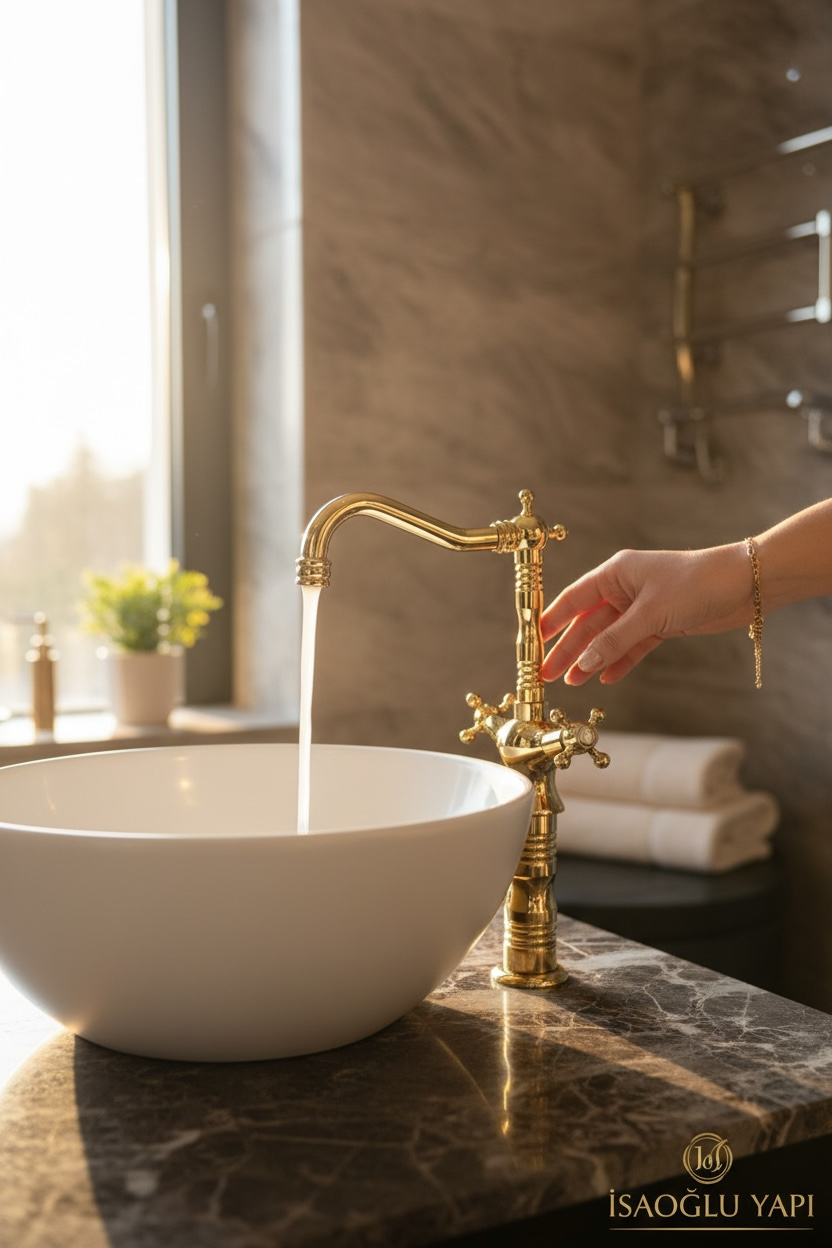 Çanak Lavabo Bataryası Gold Renk Yüksek Model Rustik Lavabo Armatürü Pirinç Materyal