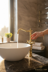 Çanak Lavabo Bataryası Gold Renk Yüksek Model Rustik Lavabo Armatürü Pirinç Materyal