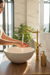 Çanak Lavabo Bataryası Gold Renk Yüksek Model Rustik Lavabo Armatürü Pirinç Materyal