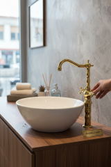 Çanak Lavabo Bataryası Gold Renk Yüksek Model Rustik Lavabo Armatürü Pirinç Materyal