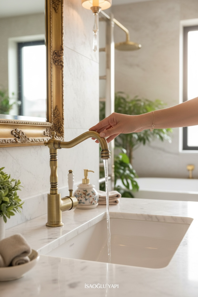 Eskitme Banyo Lavabo Bataryası Eskitme Pirinç Döner Borulu Yüksek Model Lavabo Armatürü