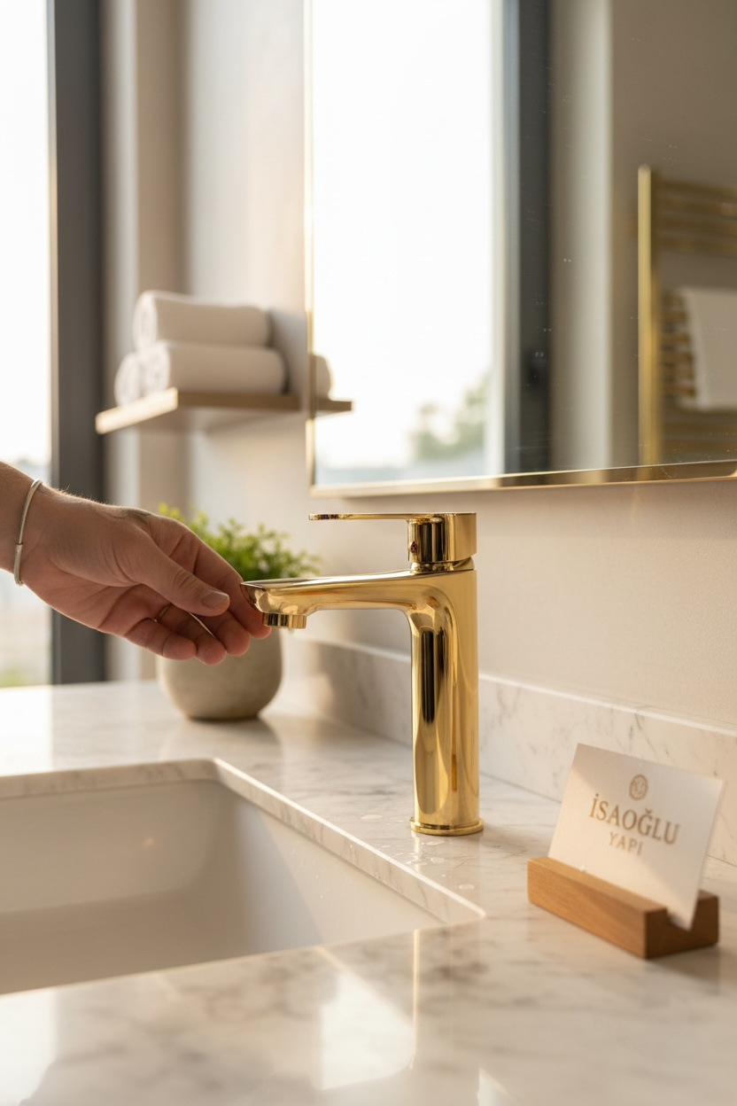Gold Lavabo Bataryası Yüksek Model Modern Altın Renk Lavabo Armatürü