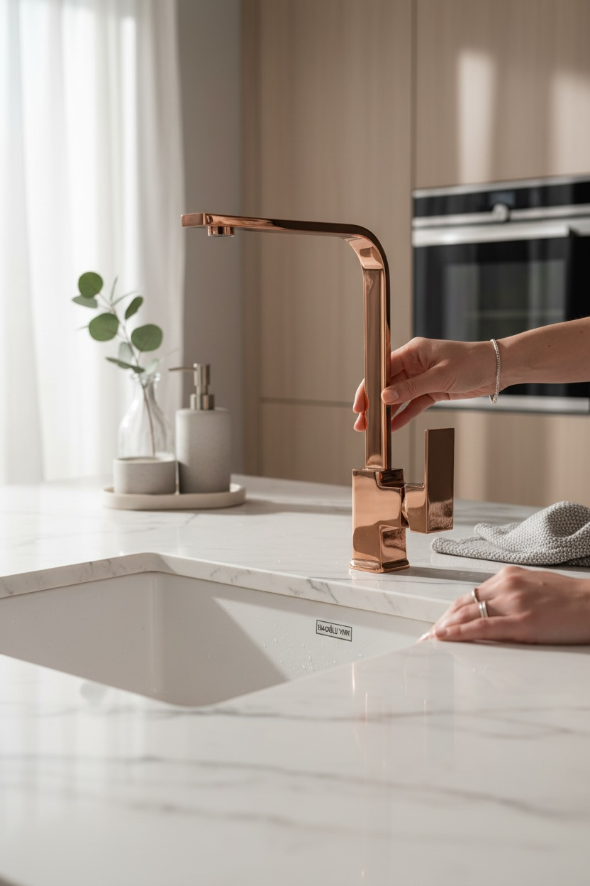 Bakır Mutfak Bataryası Kare Modern Tasarım Evye Armatürü Bakır Bronz Pirinç Malzeme