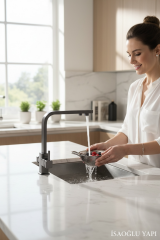 Antrasit Arıtmalı Mutfak Bataryası Kare Modern Tasarım Antrasit Gri Arıtıcılı Mutfak Armatürü