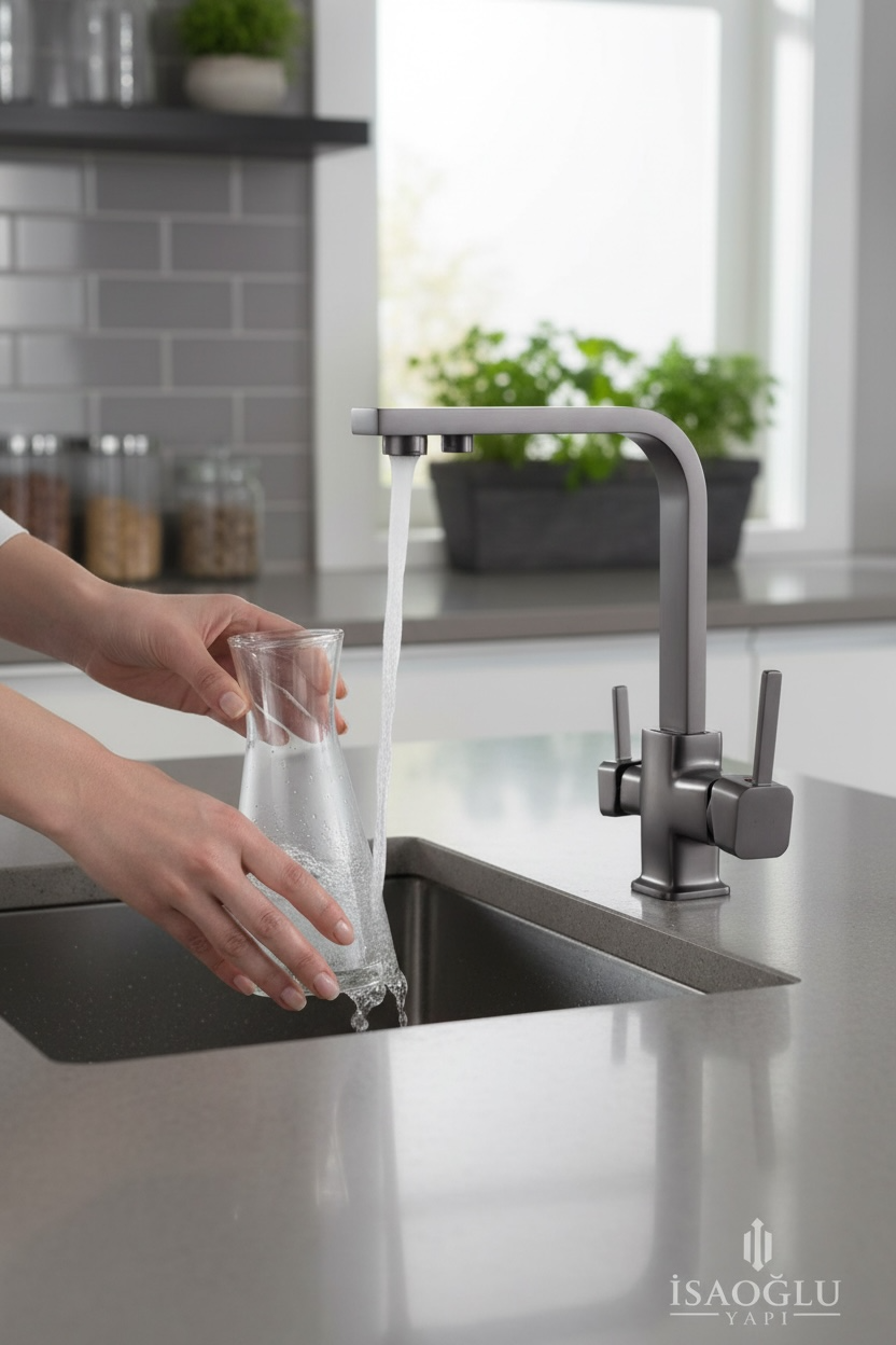 Antrasit Arıtmalı Mutfak Bataryası Kare Modern Tasarım Antrasit Gri Arıtıcılı Mutfak Armatürü