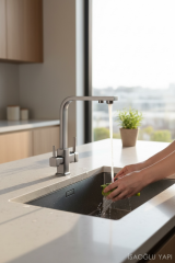 Antrasit Arıtmalı Mutfak Bataryası Kare Modern Tasarım Antrasit Gri Arıtıcılı Mutfak Armatürü