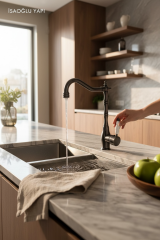 Antrasit Gri Retro Mutfak Bataryası Pirinç Malzeme Rustik Tasarım Antrasit Renk Evye Armatür