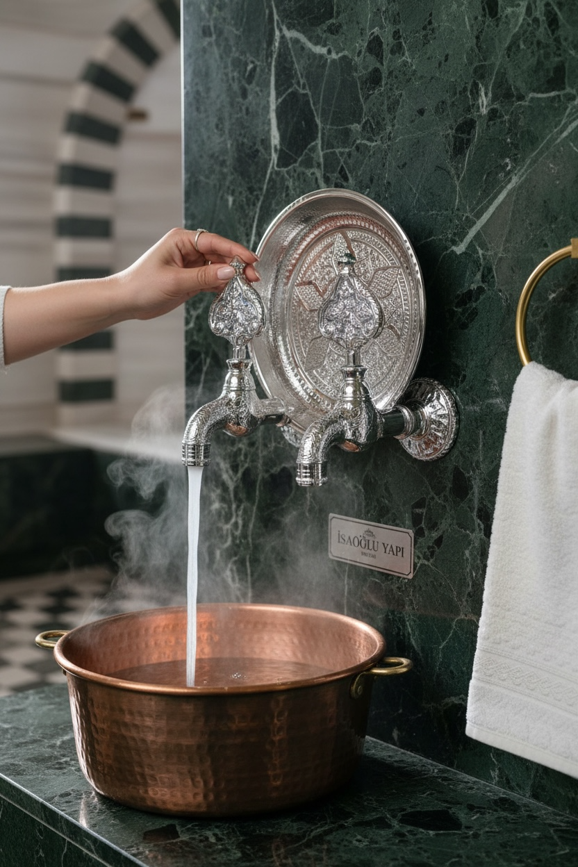 Kurna Musluğu Seti Retro Özel Tasarım Pirinç Hamam Tası Dahil Krom Renk Kurna Seti