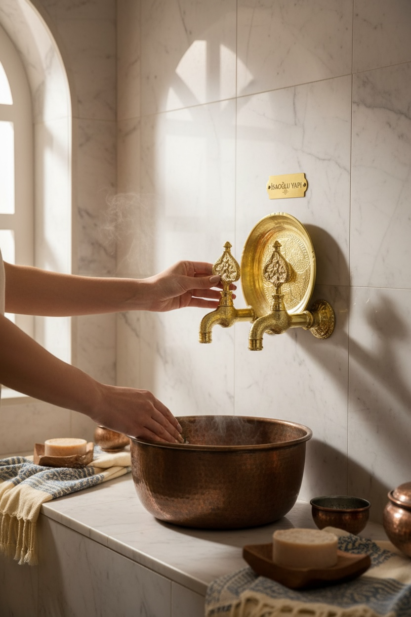 Gold Hamam Seti Retro Özel Tasarım Kurna Muslukları ve Hamam Tası Seti Pirinç Malzeme