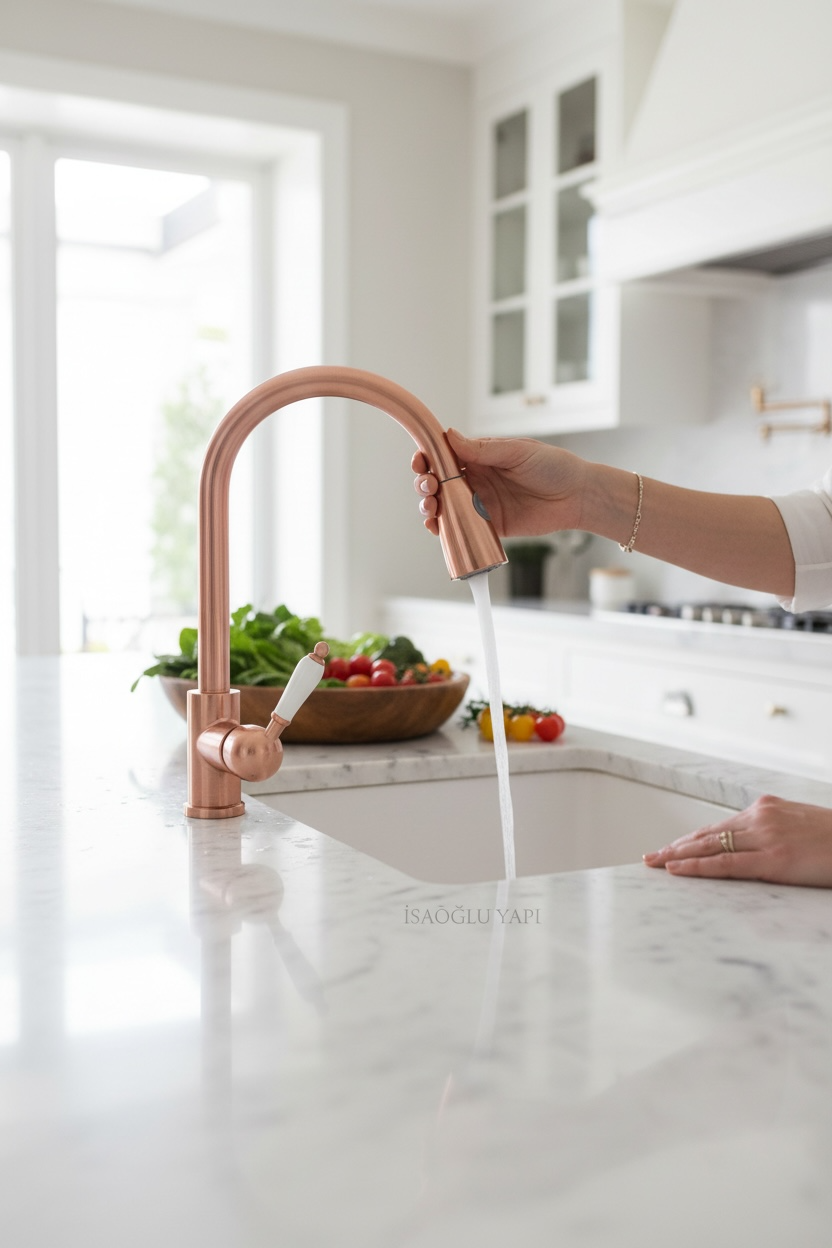 Bakır Spiralli Retro Mutfak Bataryası Porsalenli Uzayan Sistem Taziik ve Basınç Ayarlı Rose Bronz