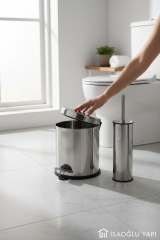 Banyo Çöp Kovası ve Fırçası Seti Paslanmaz Çelik Pedallı Kova ve Klozet Fırçası