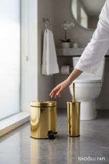 Gold Kova ve Fırça Seti Paslanmaz Çelik Malzeme Banyo Aksesuar Seti Gold Çöp Kovası ve Fırça İkili