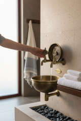 Eskitme Gold Kurna Muslukları Özel Tasarım Retro Banyo Hamam Kurnası Seti Antik Gold Renk