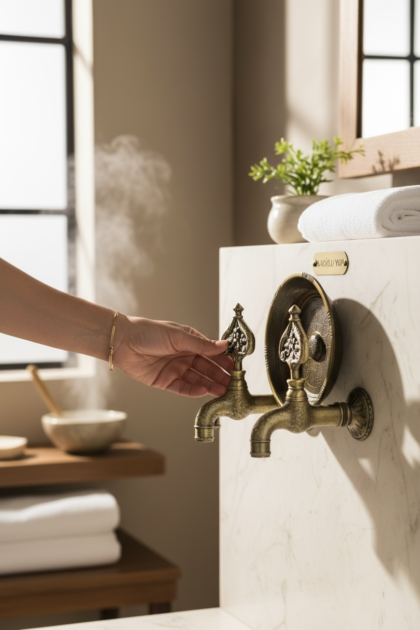 Eskitme Gold Kurna Muslukları Özel Tasarım Retro Banyo Hamam Kurnası Seti Antik Gold Renk