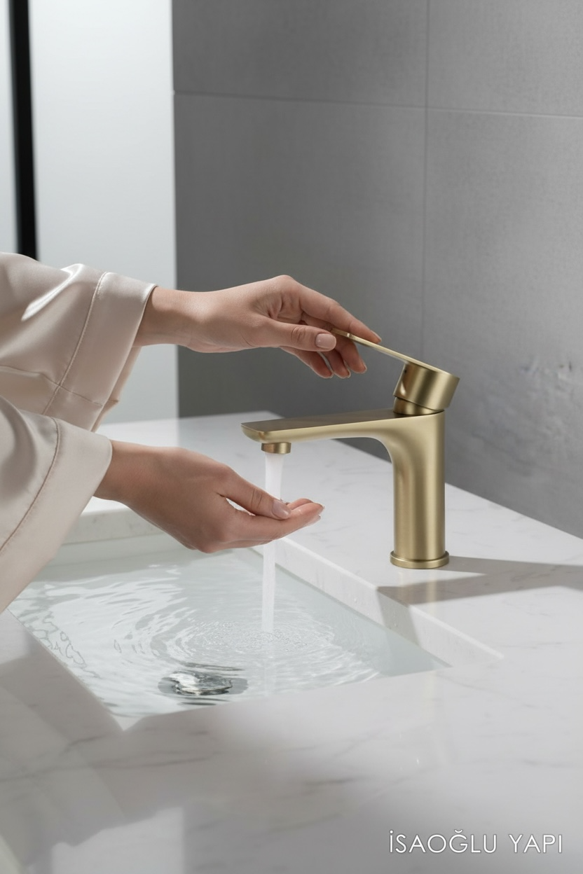 Mat Gold Lavabo Musluğu Kare Tasarım Slim Model Mat Altın Fırçalanmış Lavabo Armatürü