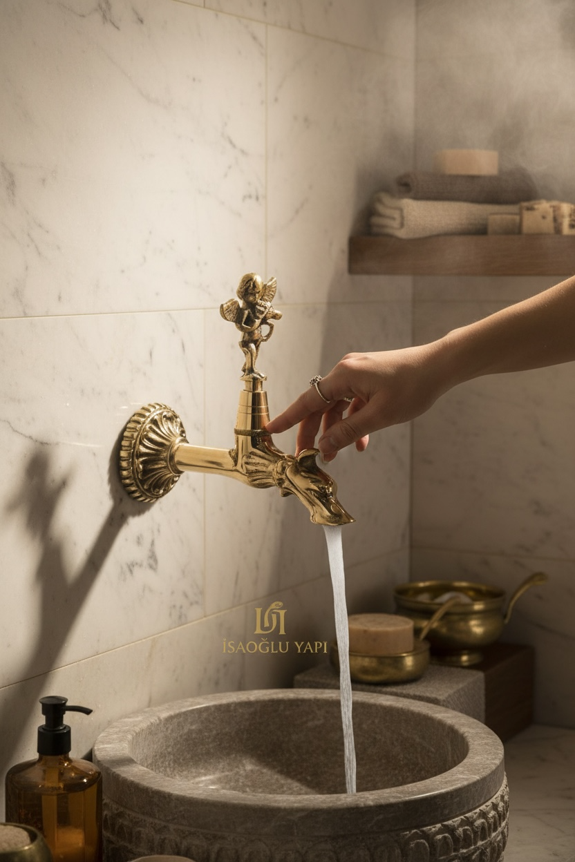 Motifli Kurna Musluğu Özel Tasarım Melek Motifli Duvardan Armatür Gold Pirinç Renk