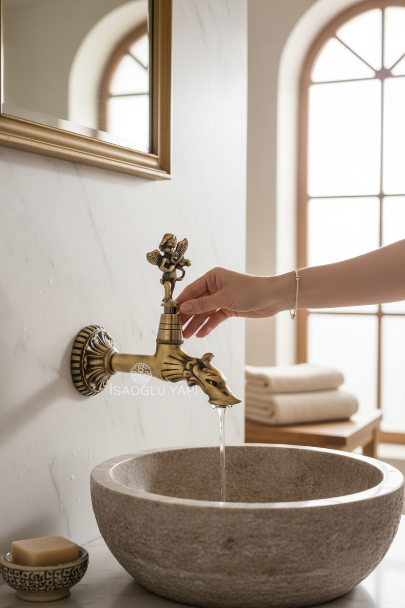 Antik Gold Kurna Hamam Musluğu Retro Motifli Özel Tasarım Retro Pirinç Eskitme Musluk
