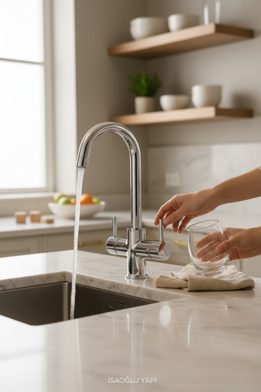 Arıtmalı Evye Bataryası Gümüş Renk Arıtıcılı Mutfak Armatür Pirinç Malzeme Modern Tasarım