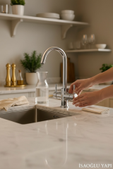 Arıtmalı Evye Bataryası Gümüş Renk Arıtıcılı Mutfak Armatür Pirinç Malzeme Modern Tasarım