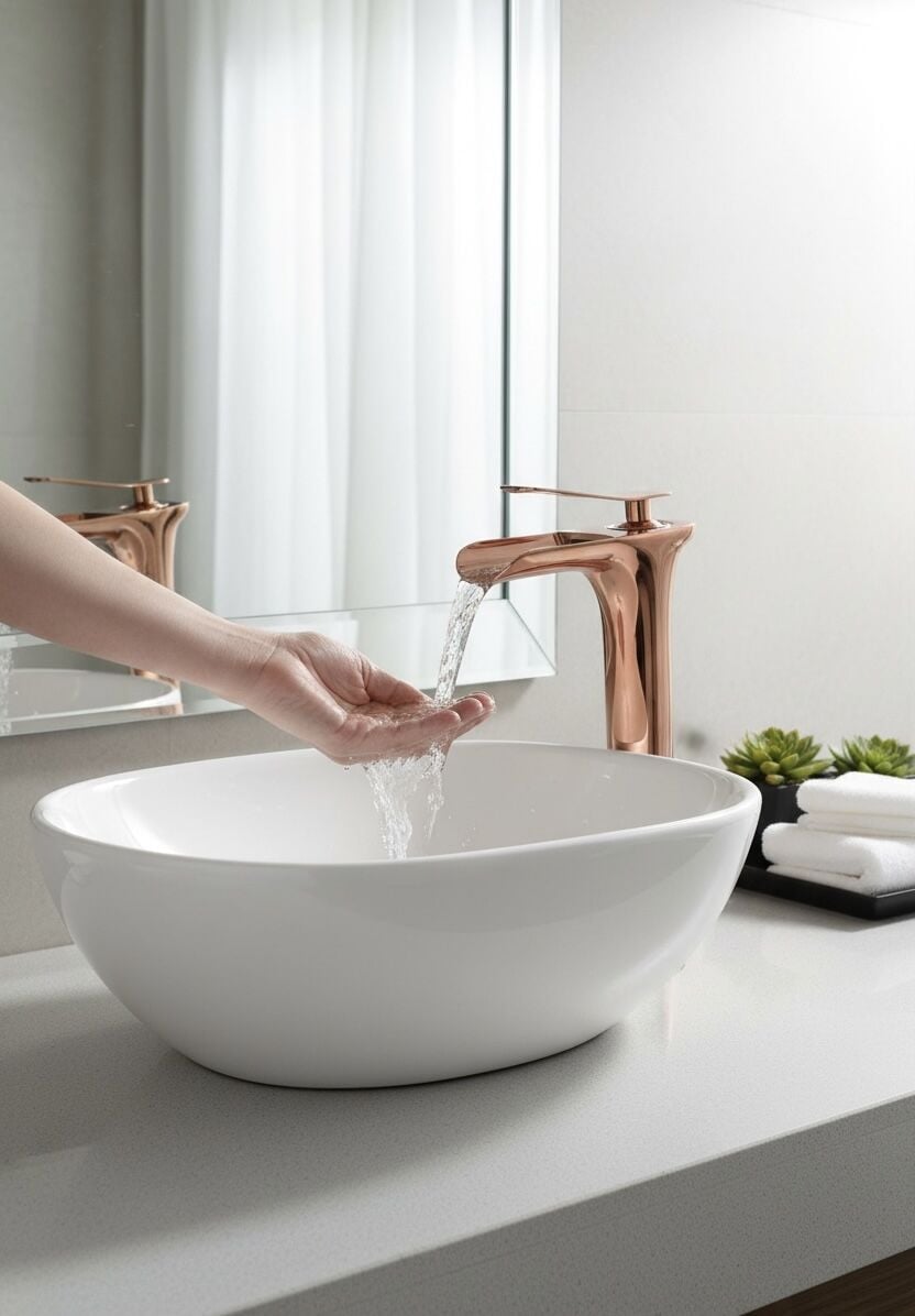 Bakır Lavabo Bataryası Çanak Uyumlu Yüksek Model Şelale Akışlı Çanak Armatür Bakır Bronz Renk