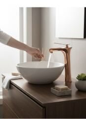 Bakır Lavabo Bataryası Çanak Uyumlu Yüksek Model Şelale Akışlı Çanak Armatür Bakır Bronz Renk