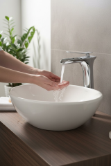 Çanak Lavabo Bataryası Şelale Akış Yüksek Model Çanak Uyumlu Armatür Krom Renk