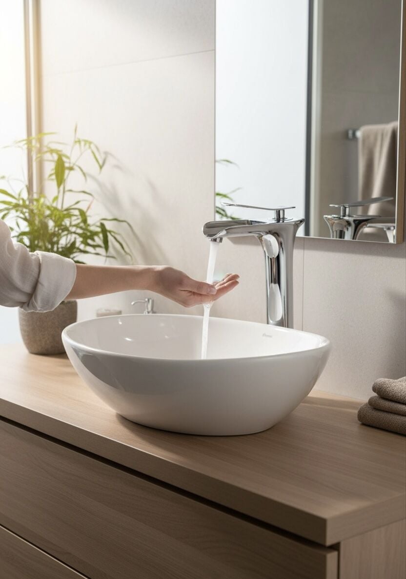 Çanak Lavabo Bataryası Şelale Akış Yüksek Model Çanak Uyumlu Armatür Krom Renk