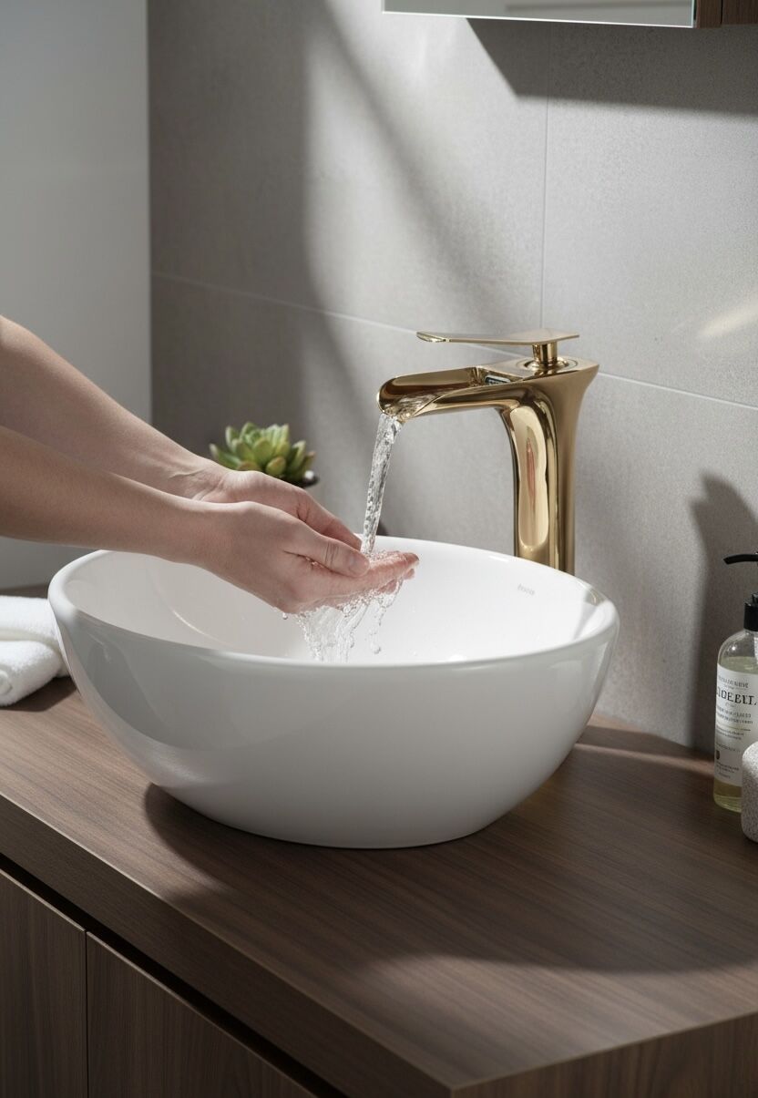 Gold Çanak Lavabo Bataryası Yüksek Model Çanak Uyumlu Şelale Akış Armatür Gold Renk