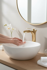 Gold Çanak Lavabo Bataryası Yüksek Model Çanak Uyumlu Şelale Akış Armatür Gold Renk