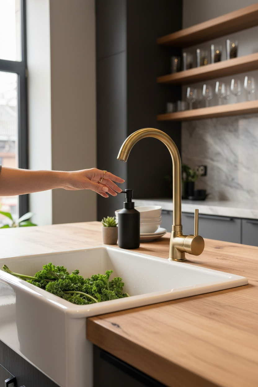 Mat Gold Evye Bataryası Fırçalanmış Altın Evye Armatür Pirinç Malzeme Modern Tasarım